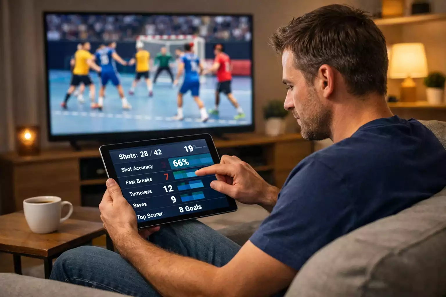 Supporter analysant les statistiques de handball sur tablette pendant un match